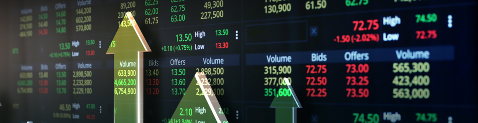 Green arrows pointing up against a background of trades